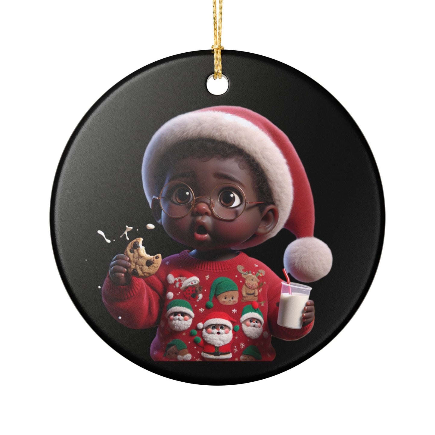Ceramic Ornament — Cute Black Baby in Santa Hat with Cookie & Milk Christmas Decoration
