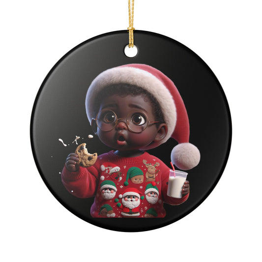 Ceramic Ornament — Cute Black Baby in Santa Hat with Cookie & Milk Christmas Decoration
