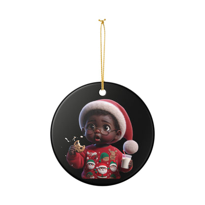 Ceramic Ornament — Cute Black Baby in Santa Hat with Cookie & Milk Christmas Decoration